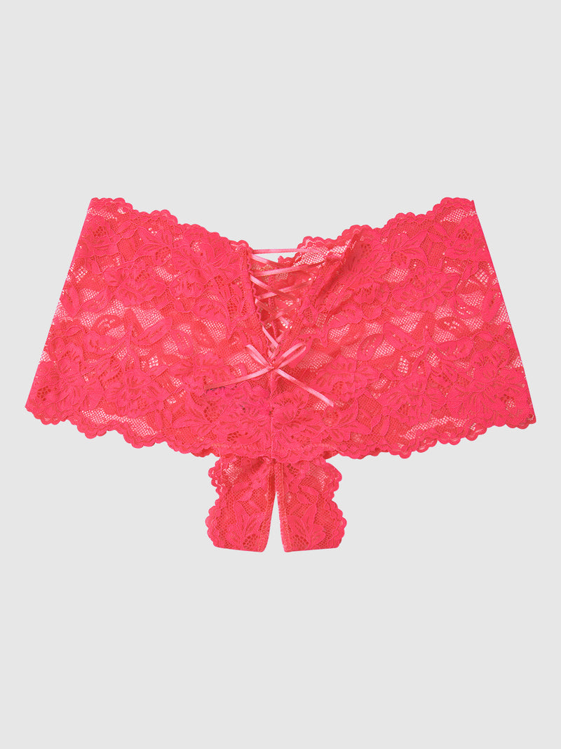 Mabel Crotchless Lace Up Back Cheeky in hot pink lace, featuring a lace-up back detail with a ribbon bow.