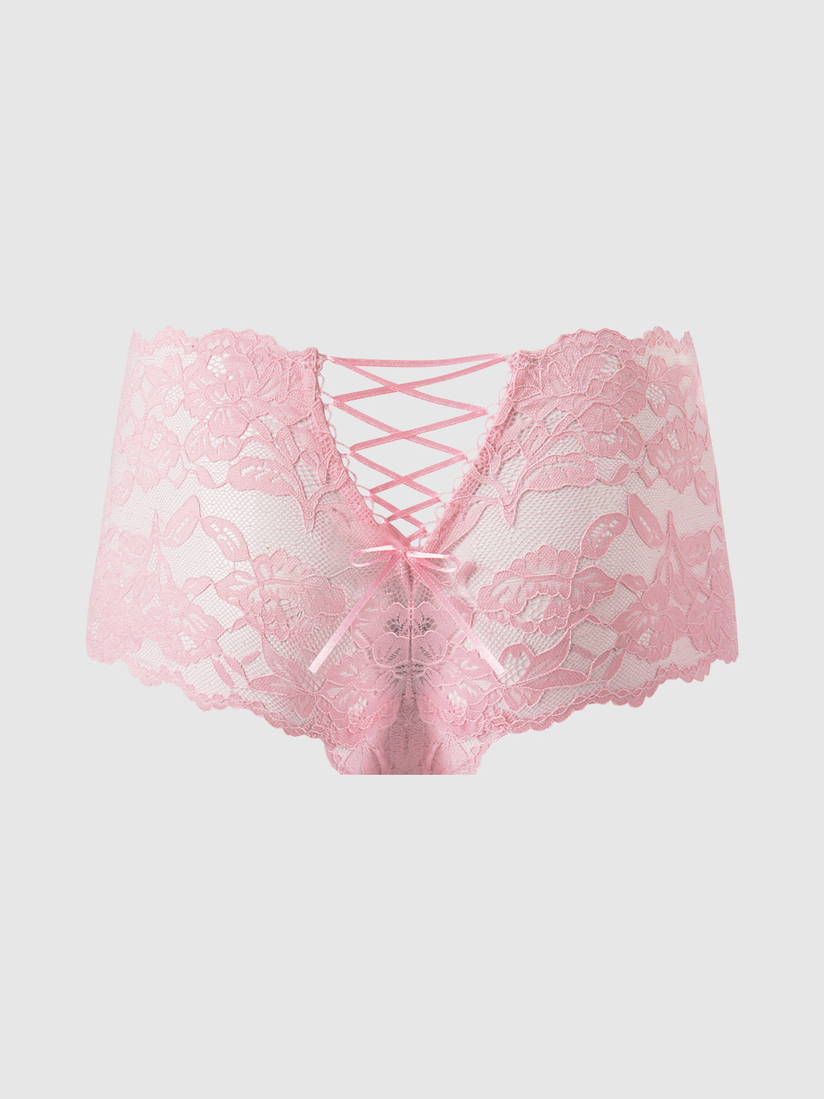 The Frederick's of Hollywood Mabel Crotchless Lace Up Back Cheeky features pink floral lace, crisscross ribbon detail, and a small front bow—sexy lingerie photographed on a plain white background.