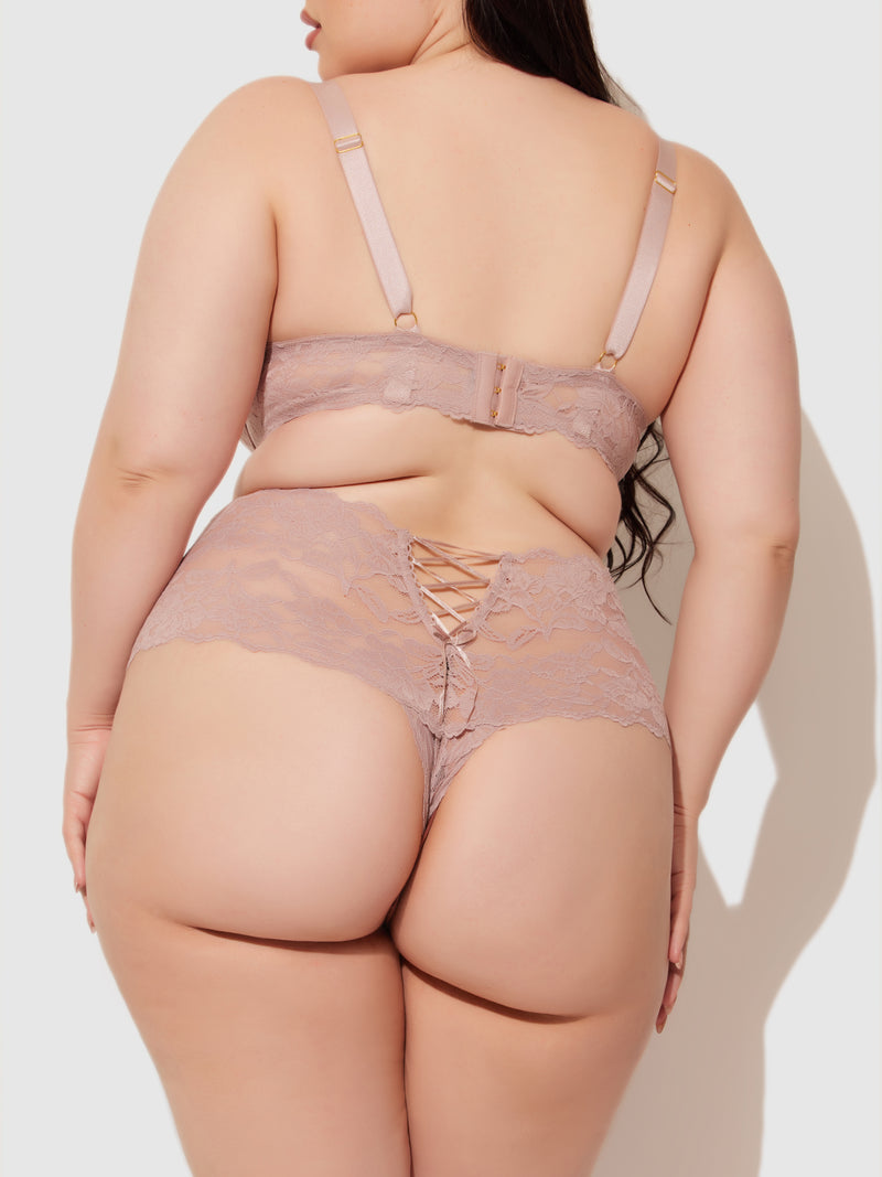 Mabel Crotchless Lace Up Back Cheeky - Woodrose