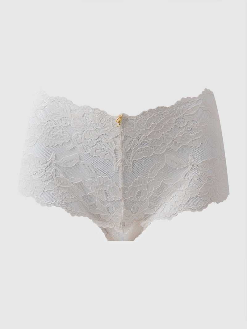 The Mabel Crotchless Lace Up Back Cheeky by Frederick's of Hollywood features a sexy floral lace boyshort cut and a gold charm at the waistband, displayed on a plain light background.