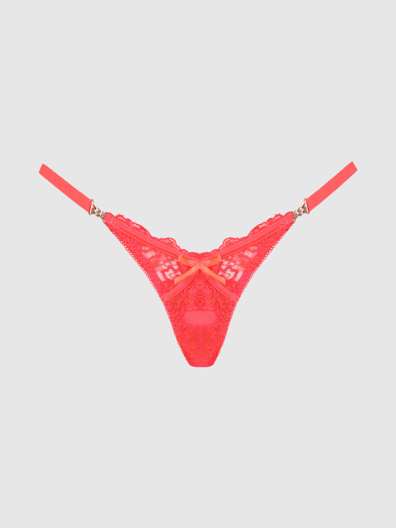 The Wren Embroidered Bikini by Frederick's of Hollywood features intricate lace patterns, thin adjustable straps, a front bow accent, and shimmering embroidery for an enchanting touch, displayed on a plain light background.