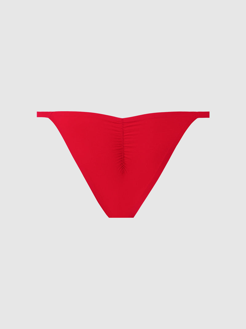 The Frederick's of Hollywood No Show Mid Rise Cheeky bikini bottom is shown on a light gray background, featuring a scrunched seam, cheeky cut, and V-shaped waistband for a sleek, modern fit.