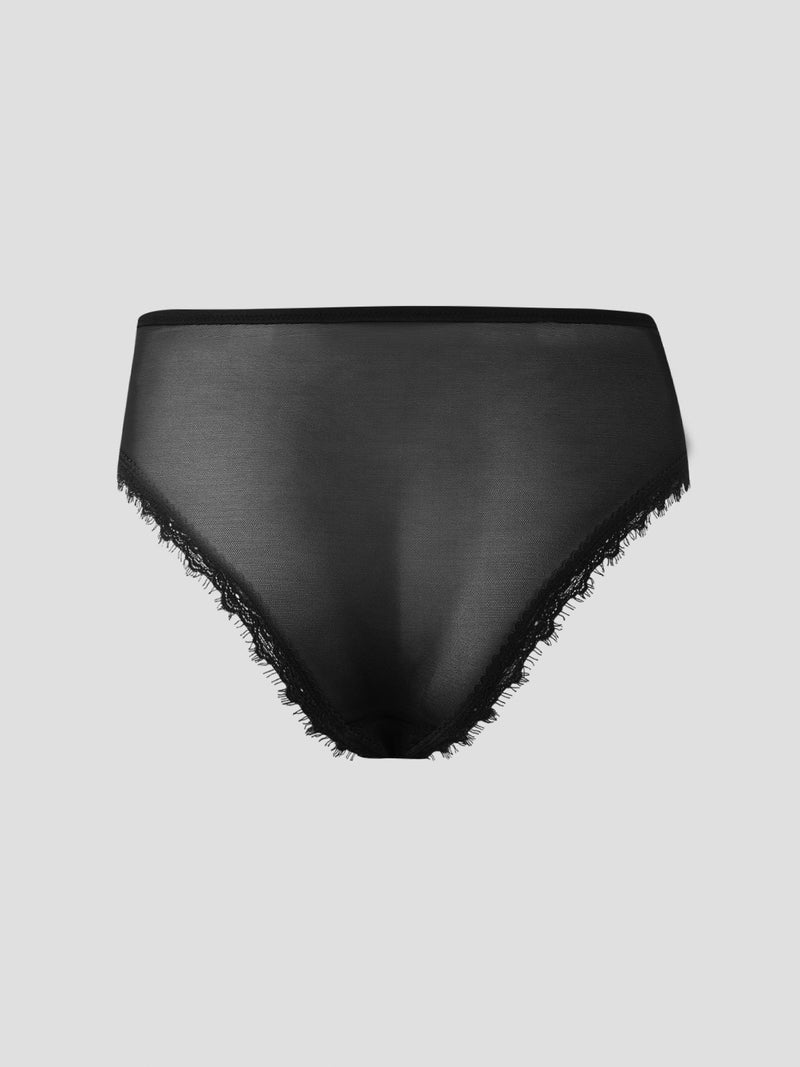 The Frederick’s of Hollywood Charlotte Lace & Mesh Hipster features black sheer fabric and lace trim along the leg openings, displayed against a plain light gray background.