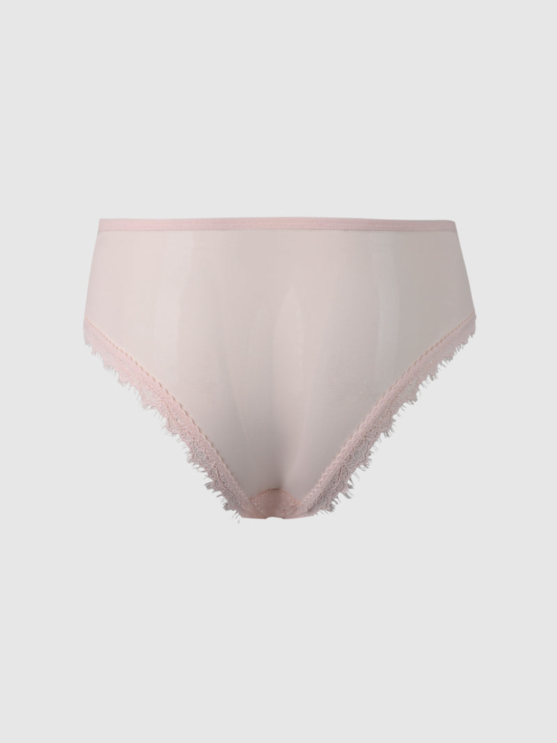 The Charlotte Lace & Mesh Hipster by Frederick’s of Hollywood is a sheer light pink women’s panty featuring delicate lace trim along the leg openings, showcased against a plain white background.