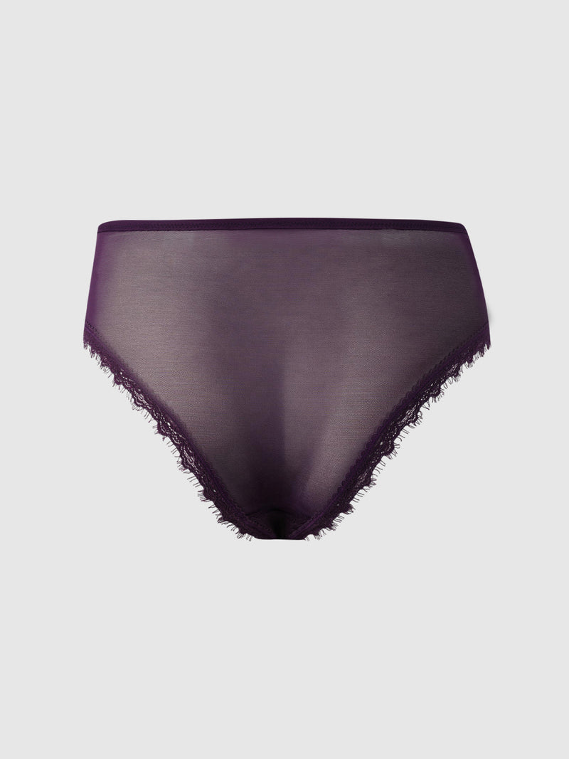 The Frederick’s of Hollywood Charlotte Lace & Mesh Hipster, a pair of sheer purple panties with lace trim along the edges, is displayed on a plain light gray background.