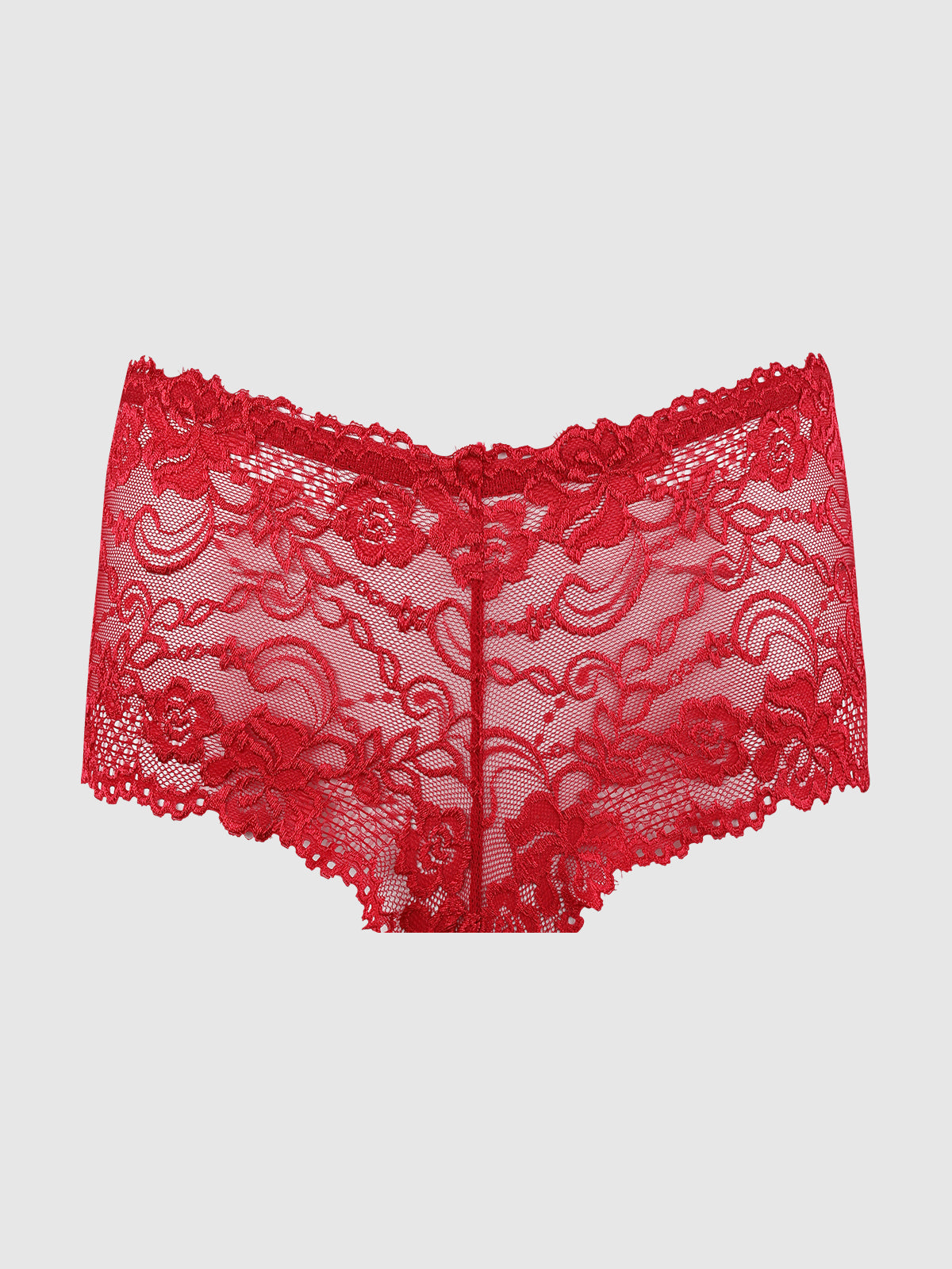 The Kirsten Lace Cheeky by Frederick's of Hollywood is red women’s underwear with a floral lace pattern and scalloped edges, shown on a plain light gray background.