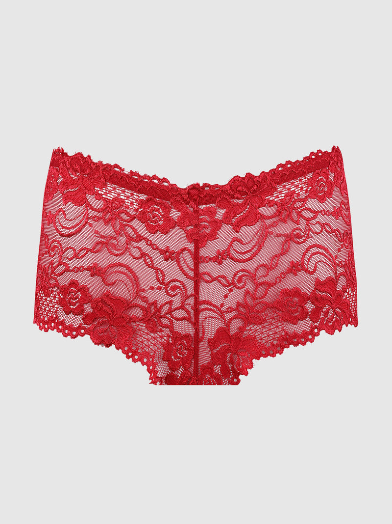 The Kirsten Lace Cheeky by Frederick's of Hollywood is red women’s underwear with a floral lace pattern and scalloped edges, shown on a plain light gray background.