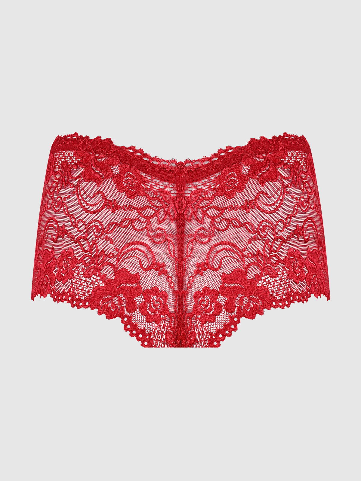 The Kirsten Lace Cheeky by Frederick's of Hollywood features red floral lace with scallop-trimmed edges at the waistband and legs, shown flat on a plain white background.