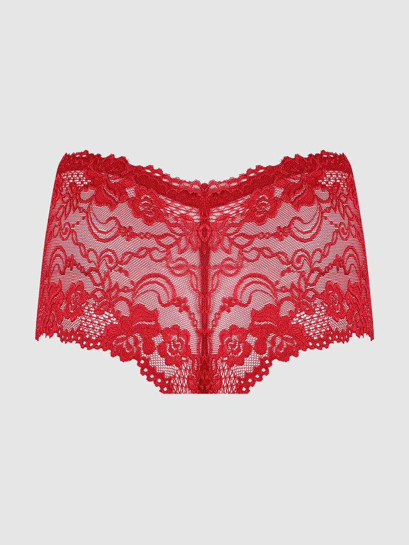 The Kirsten Lace Cheeky by Frederick's of Hollywood features red floral lace with scallop-trimmed edges at the waistband and legs, shown flat on a plain white background.