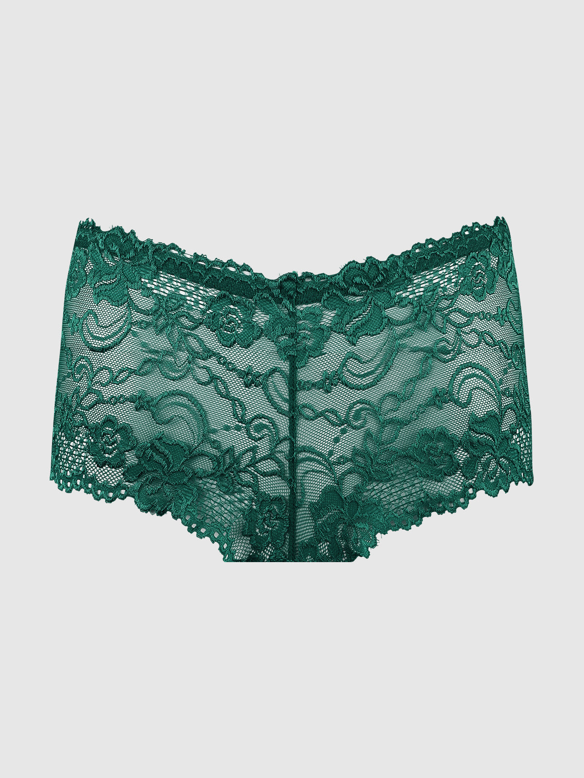 The Kirsten Lace Cheeky by Frederick’s of Hollywood features sheer green floral lace with scalloped edges in a cheeky boyshort style, displayed against a plain white background.