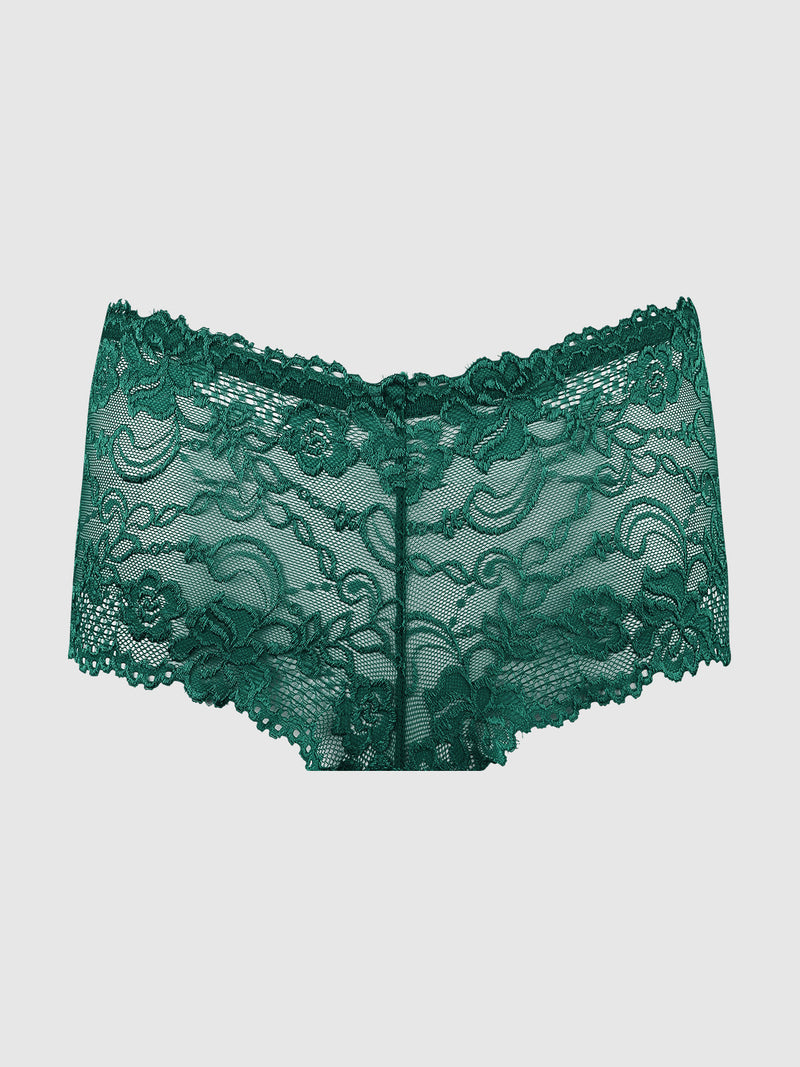 The Kirsten Lace Cheeky by Frederick’s of Hollywood features sheer green floral lace with scalloped edges in a cheeky boyshort style, displayed against a plain white background.
