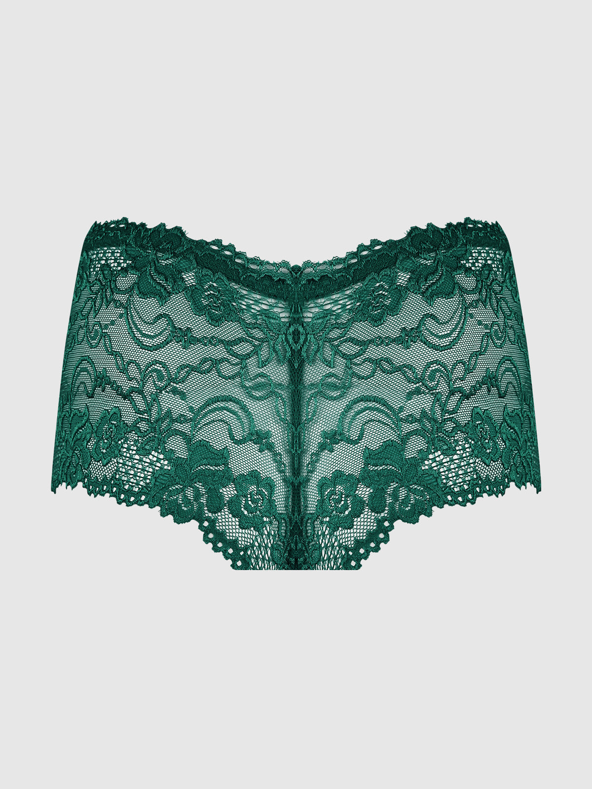 The Kirsten Lace Cheeky by Frederick's of Hollywood is a women's boyshort underwear in green with a floral pattern and scalloped edges, shown against a light grey background.