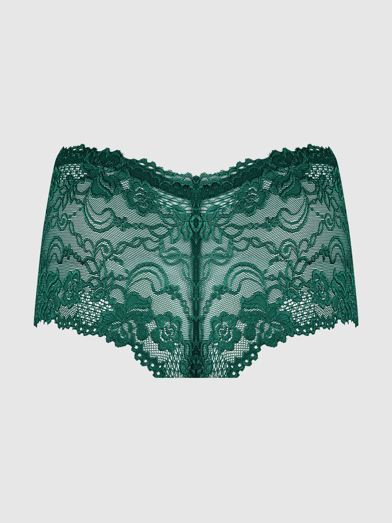 The Kirsten Lace Cheeky by Frederick's of Hollywood is a women's boyshort underwear in green with a floral pattern and scalloped edges, shown against a light grey background.