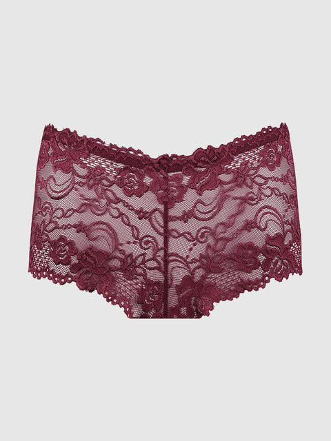 The Kirsten Lace Cheeky by Frederick's of Hollywood is a pair of burgundy floral lace boyshort panties with sheer fabric and scalloped edges, shown flat on a plain white background.
