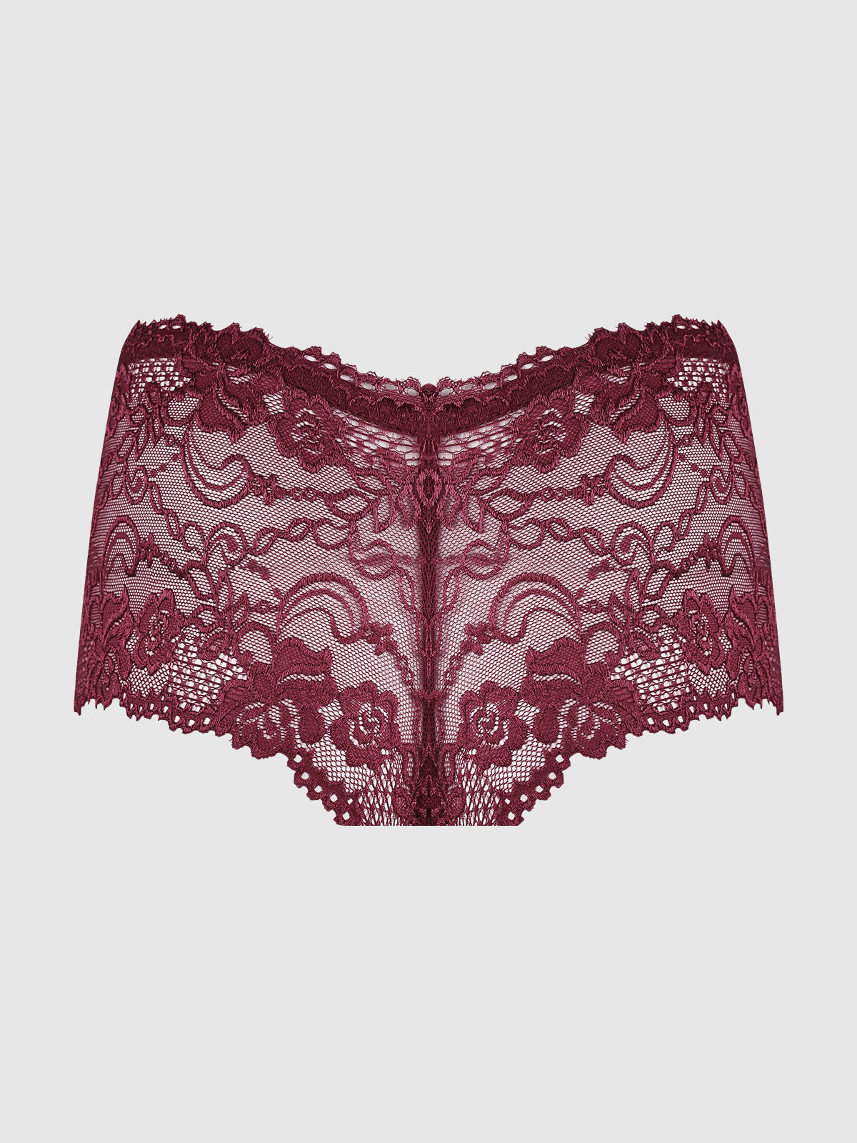 The Kirsten Lace Cheeky by Frederick's of Hollywood features intricate burgundy floral lace, scalloped edges, and a semi-sheer design for a bold, flirty look.