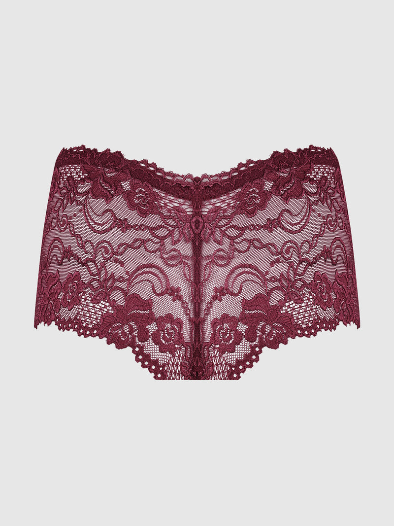 The Kirsten Lace Cheeky by Frederick's of Hollywood features intricate burgundy floral lace, scalloped edges, and a semi-sheer design for a bold, flirty look.