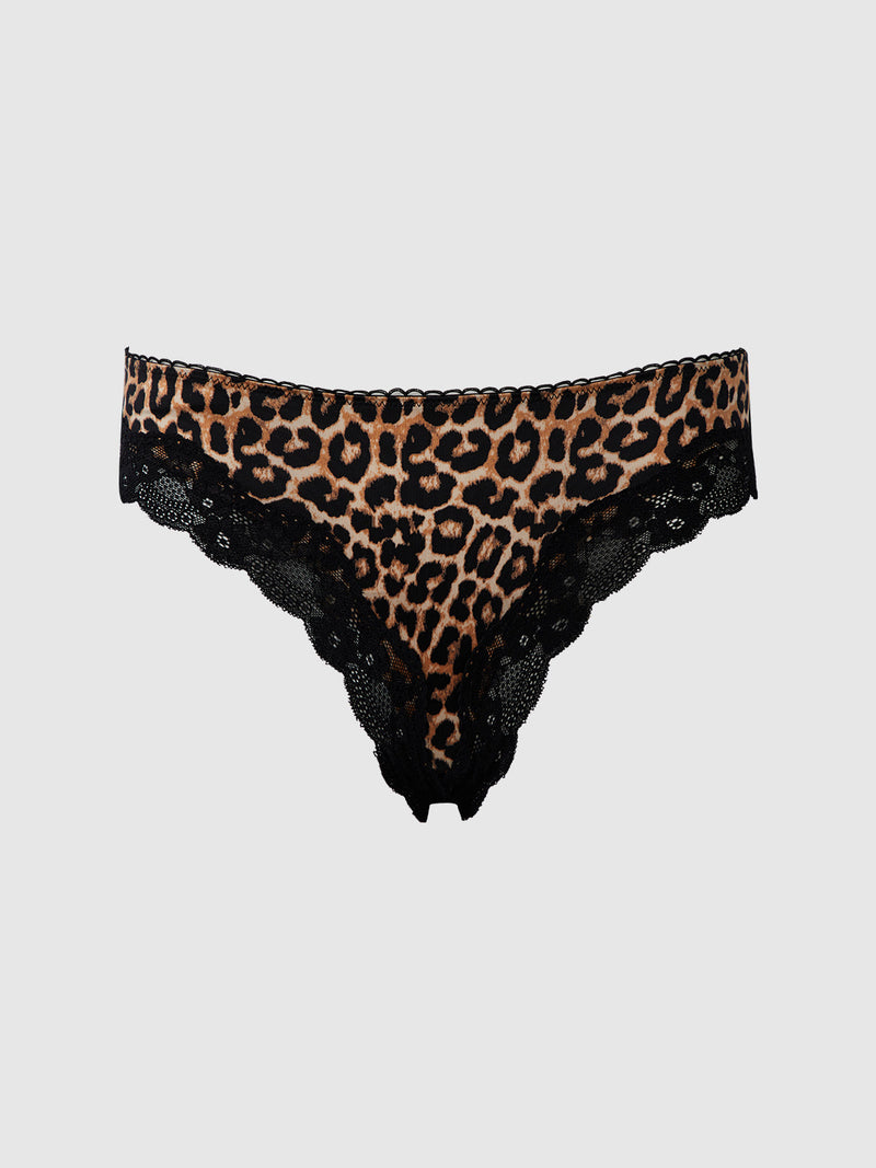 The Jenna Micro & Lace Hipster by Frederick's of Hollywood features leopard print, a strappy back, and black lace trim on the waistband and leg openings, shown against a plain light gray background.