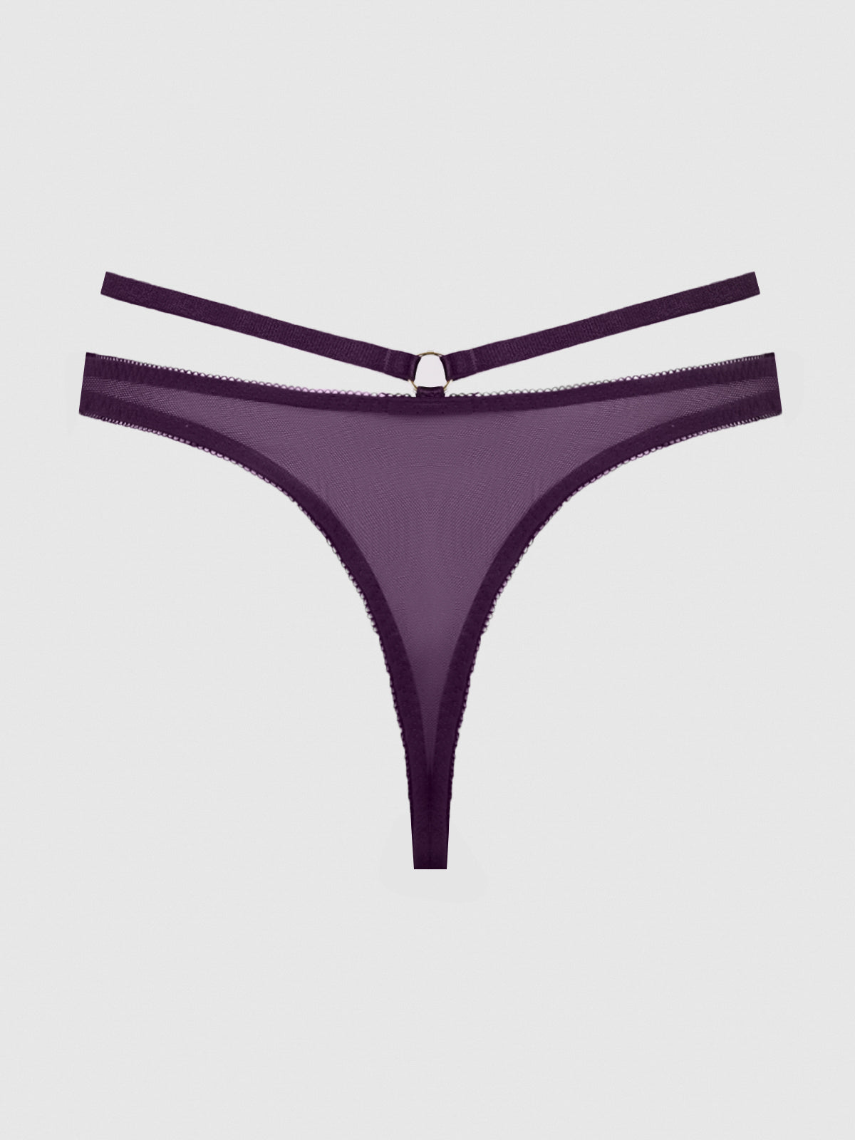 The Melrose Embroidered Tanga by Frederick's of Hollywood is a dark purple thong with sheer fabric, scalloped edges, two thin waistband straps, and a front metal ring for a chic, feminine look.