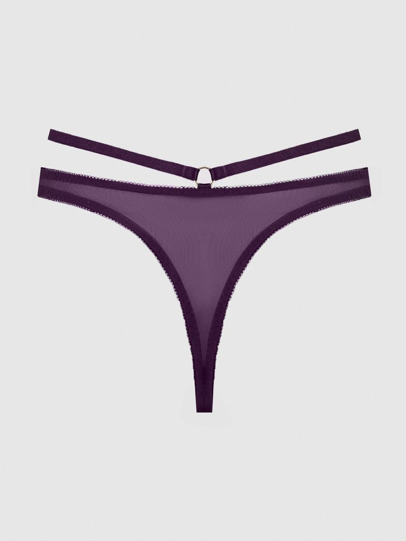 The Melrose Embroidered Tanga by Frederick's of Hollywood is a dark purple thong with sheer fabric, scalloped edges, two thin waistband straps, and a front metal ring for a chic, feminine look.