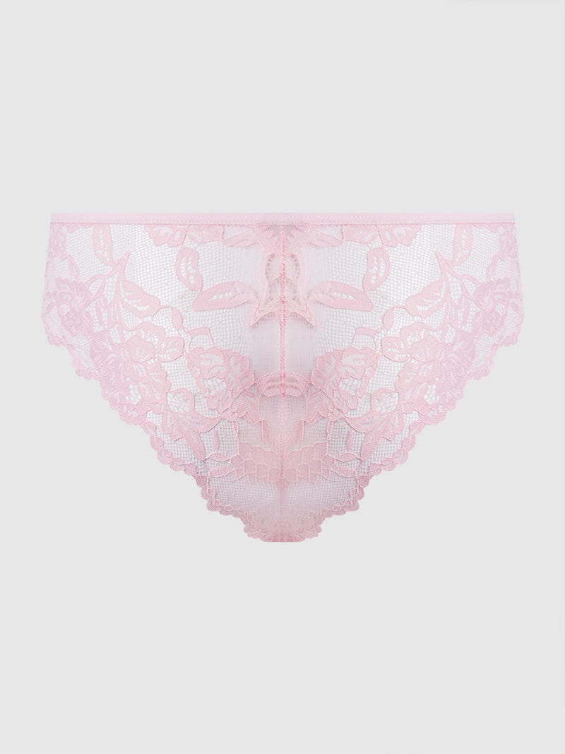 The Mabel Lace Up Front Tanga by Frederick's of Hollywood features light pink sheer mesh, a delicate floral pattern, scalloped edges, and lace-up detail for a sexy lingerie look, displayed on a plain white background.