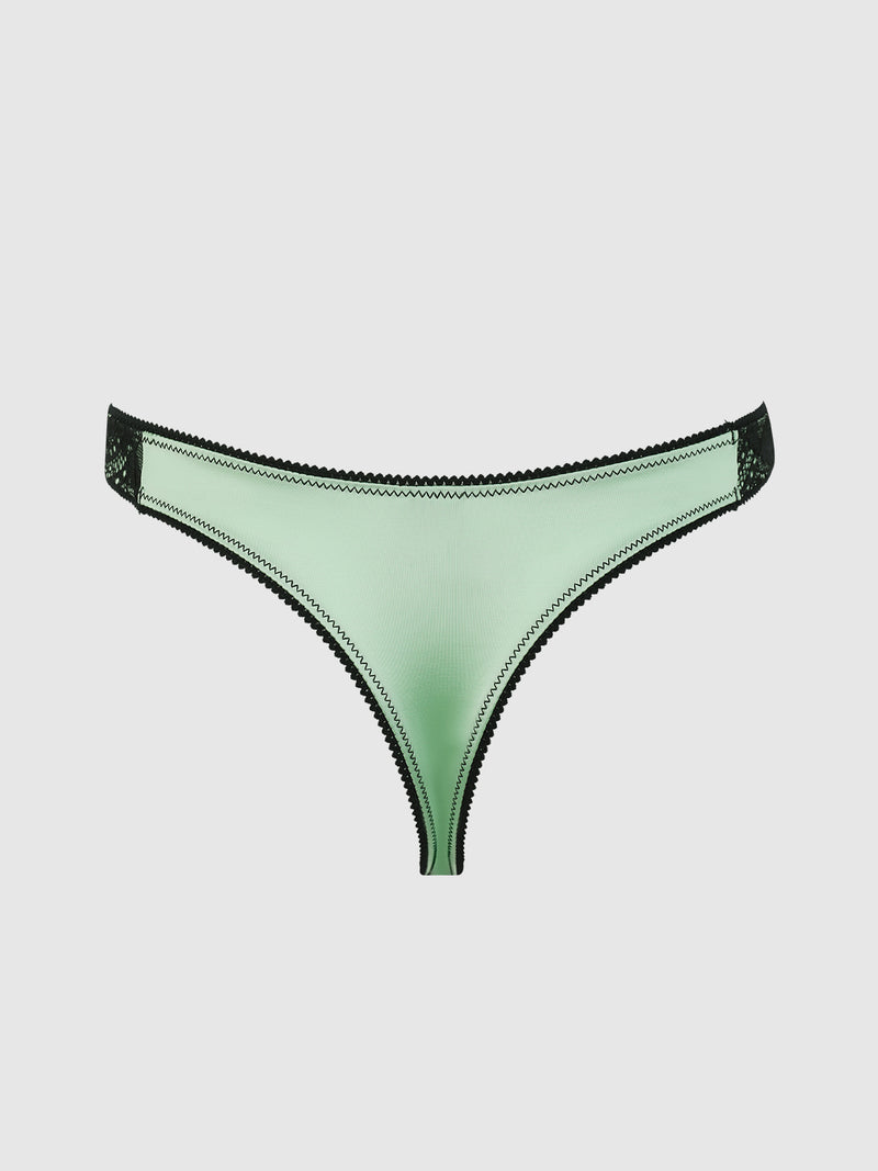 The Lexi Liquid Satin & Lace V-Tanga Panty by Frederick's of Hollywood features light green satin with black lace trim, shown on a plain white background.