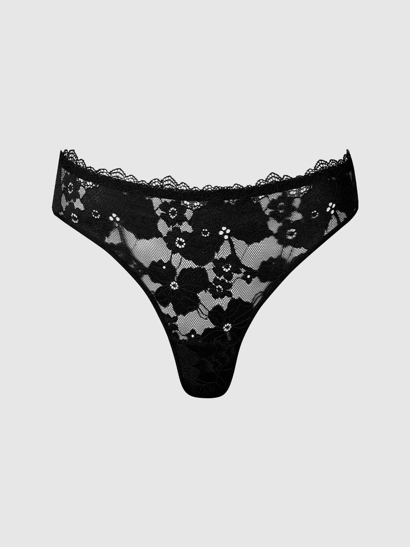 Isabella Lace Tanga in black lace with a high-cut silhouette, floral pattern, and scalloped edges.