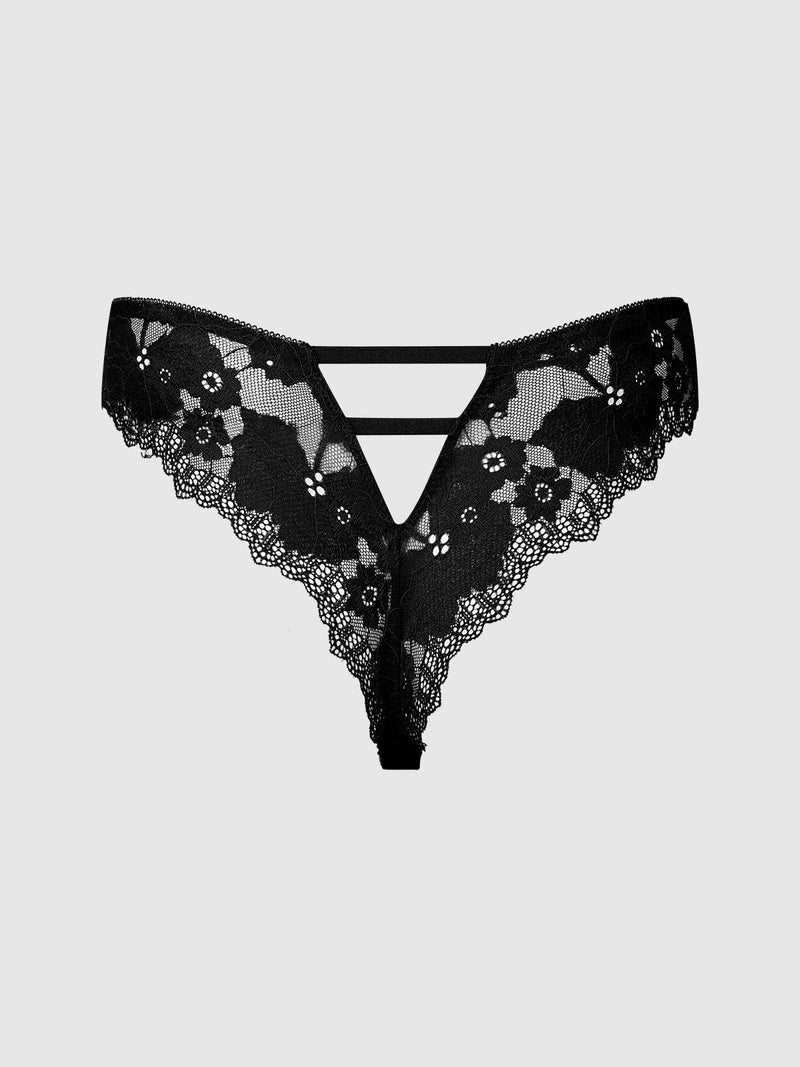 Isabella Lace Tanga in black stretch lace, featuring a V-shaped front cutout with two horizontal straps in a high-cut silhouette.