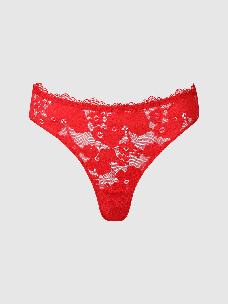 Isabella Lace Tanga in red floral stretch lace with scalloped edges and a high-cut silhouette.