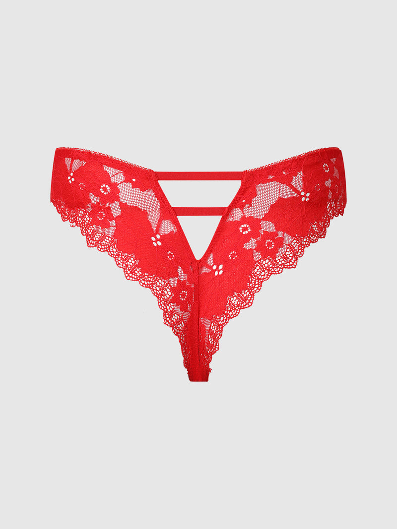 Isabella Lace Tanga in red stretch lace with a scalloped edge, high-cut silhouette, and double-strap back detail.