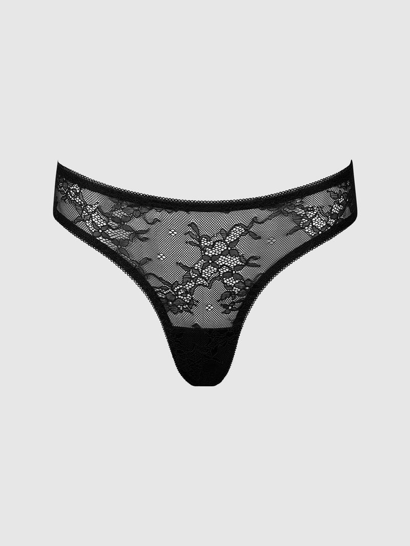Black lace Corinne Lace Tanga underwear featuring an elegant floral pattern.