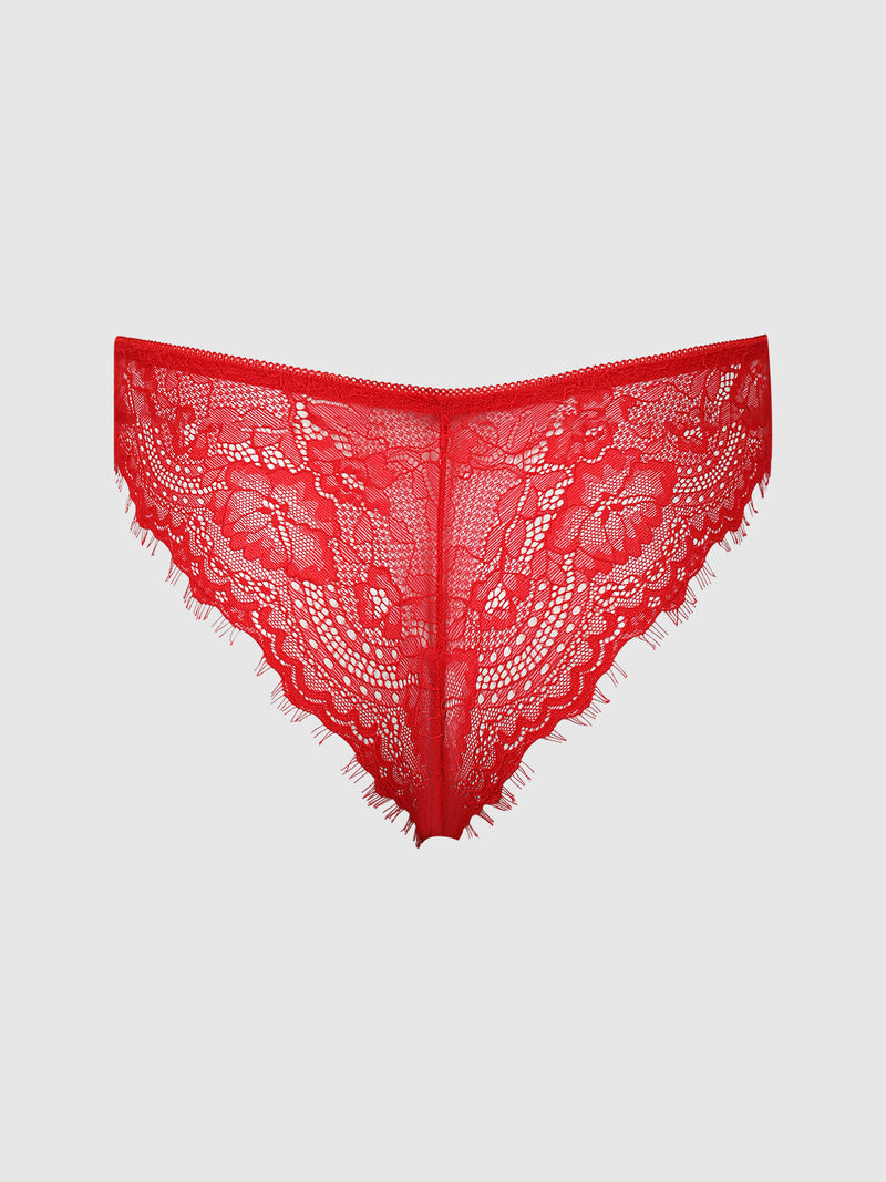 Romantic red Corinne Lace Tanga panty with scalloped edges.