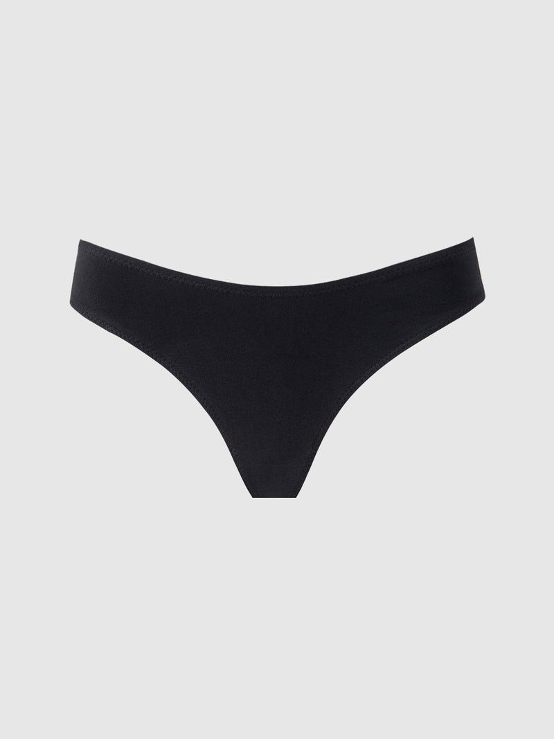 The Bailey Stretch Cotton Tanga by Frederick's of Hollywood, in black with a cheeky cut, is shown against a plain light gray background.