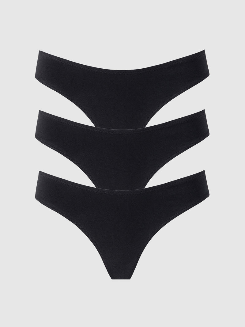 Three black Bailey Stretch Cotton Tanga pairs by Frederick's of Hollywood are stacked vertically on a white background, offering breathable comfort in a bikini-style 3 pack.