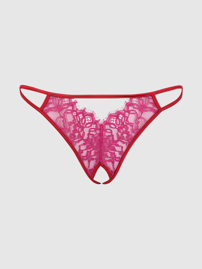 The Rosalind Lace & Satin Crotchless G-String by Frederick's of Hollywood is a red lingerie piece with thin side straps and floral lace, featuring an open crotch design, shown on a plain white background.