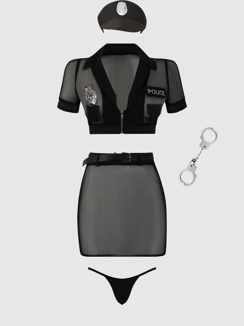 Under Arrest Mesh Top, Open Back Skirt, & Cuffs Set - Frederick's of Hollywood