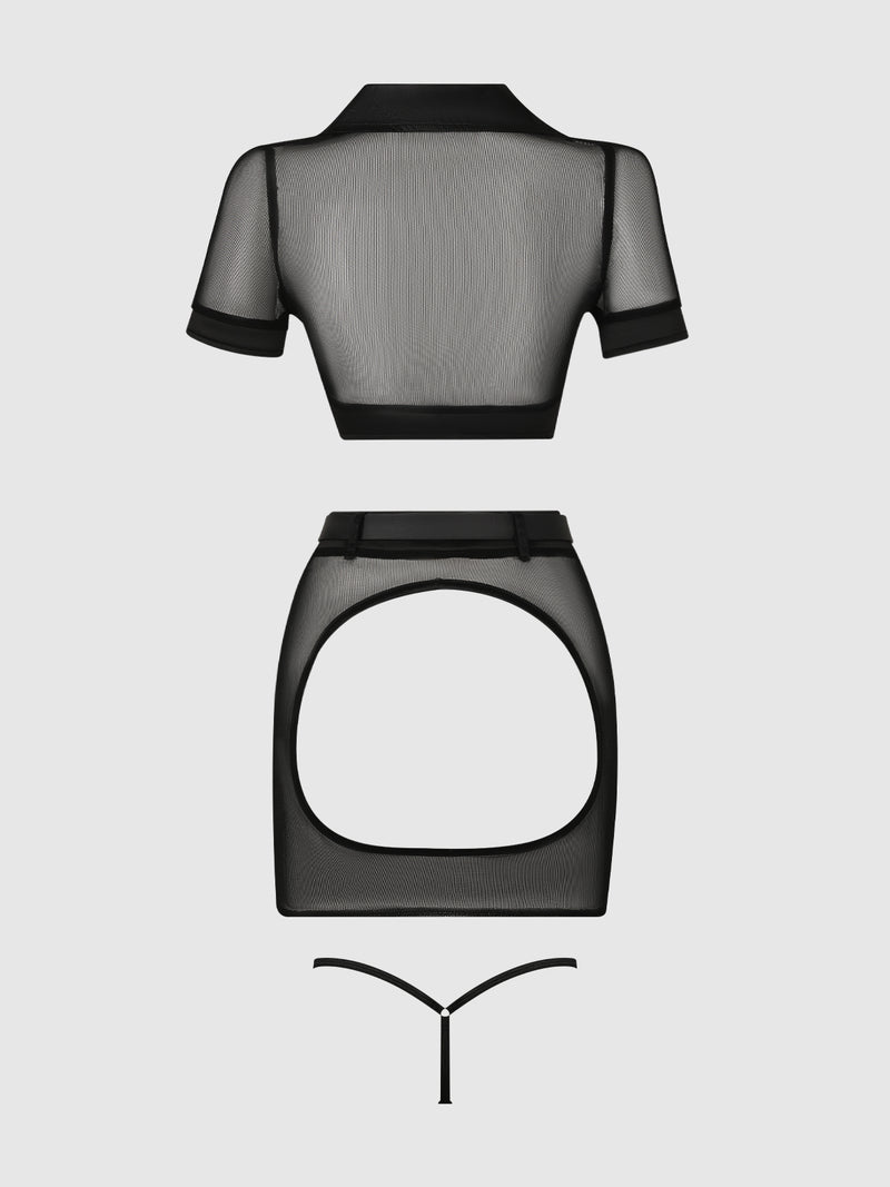 Under Arrest Mesh Top, Open Back Skirt, & Cuffs Set - Frederick's of Hollywood