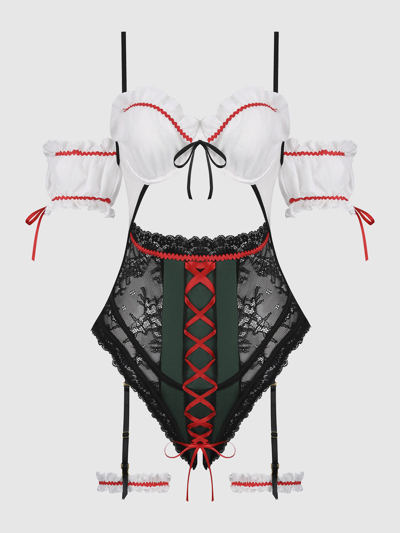 The Biergarten Babe Crotchless Teddy With Detachable Garters by Frederick’s of Hollywood features white off-the-shoulder styling, red trim, a green front panel with red lace-up detail, black lace sides, and detachable garter straps.