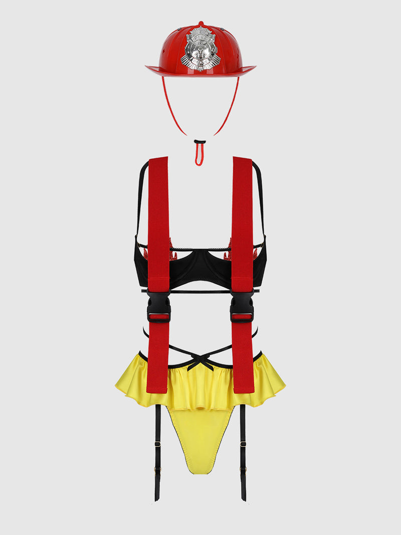Firehouse Hottie Teddy With Pasties, Hat & Badge Set featuring a black bra, yellow ruffled bottoms, red suspender straps with buckles, and a red fire helmet, perfect for bedroom costume roleplay.