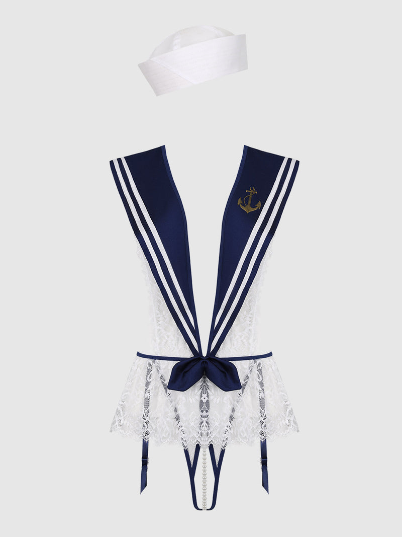 Frederick’s of Hollywood High Tied Sailor Crotchless Teddy With Hat in white lace, featuring a navy blue collar, gold anchor emblem, bow at the waist, and matching sailor cap.