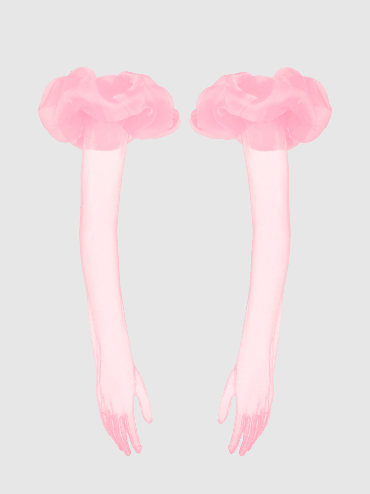 Two semi-transparent, pink Chiffon Long Gloves With Puff by Frederick's of Hollywood extend downward against a light gray background, each ending in a ruffled, flower-like cuff. The mirrored arms look chic and vintage-glam.