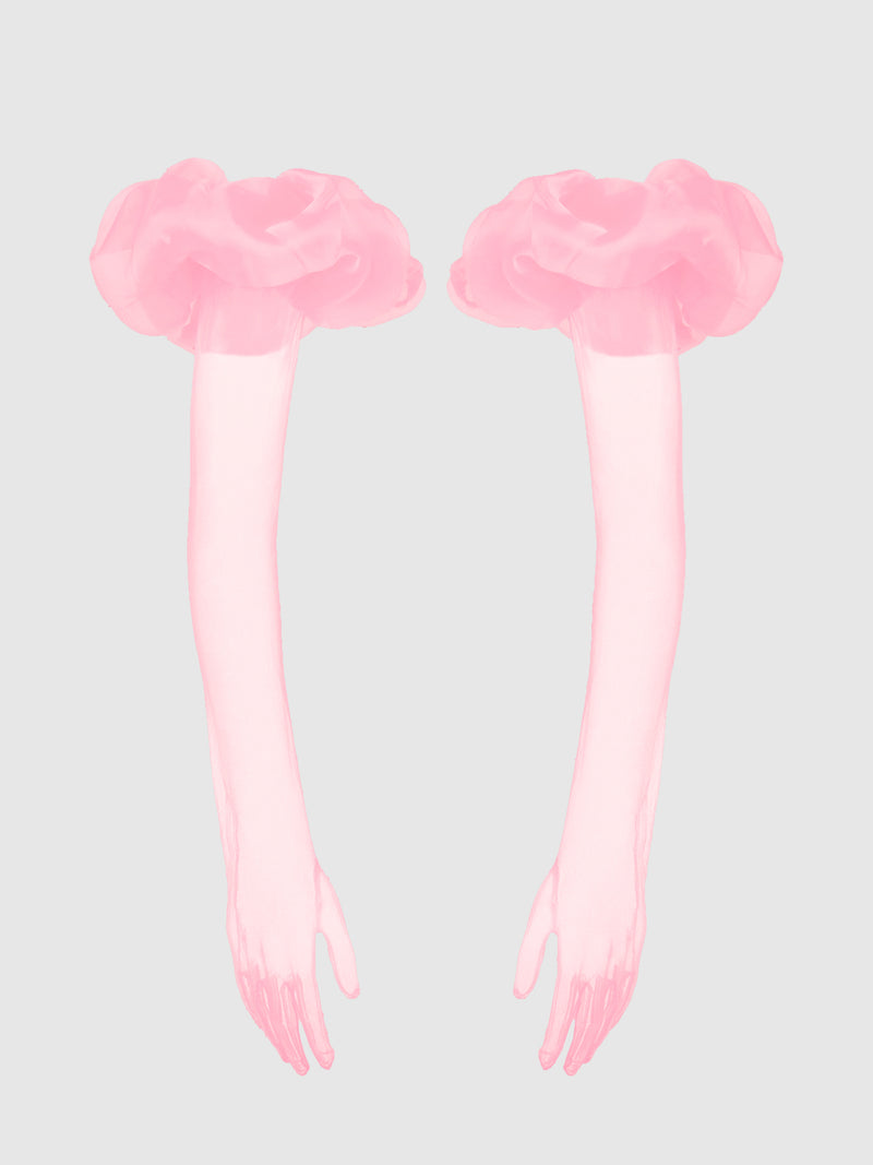 Two semi-transparent, pink Chiffon Long Gloves With Puff by Frederick's of Hollywood extend downward against a light gray background, each ending in a ruffled, flower-like cuff. The mirrored arms look chic and vintage-glam.
