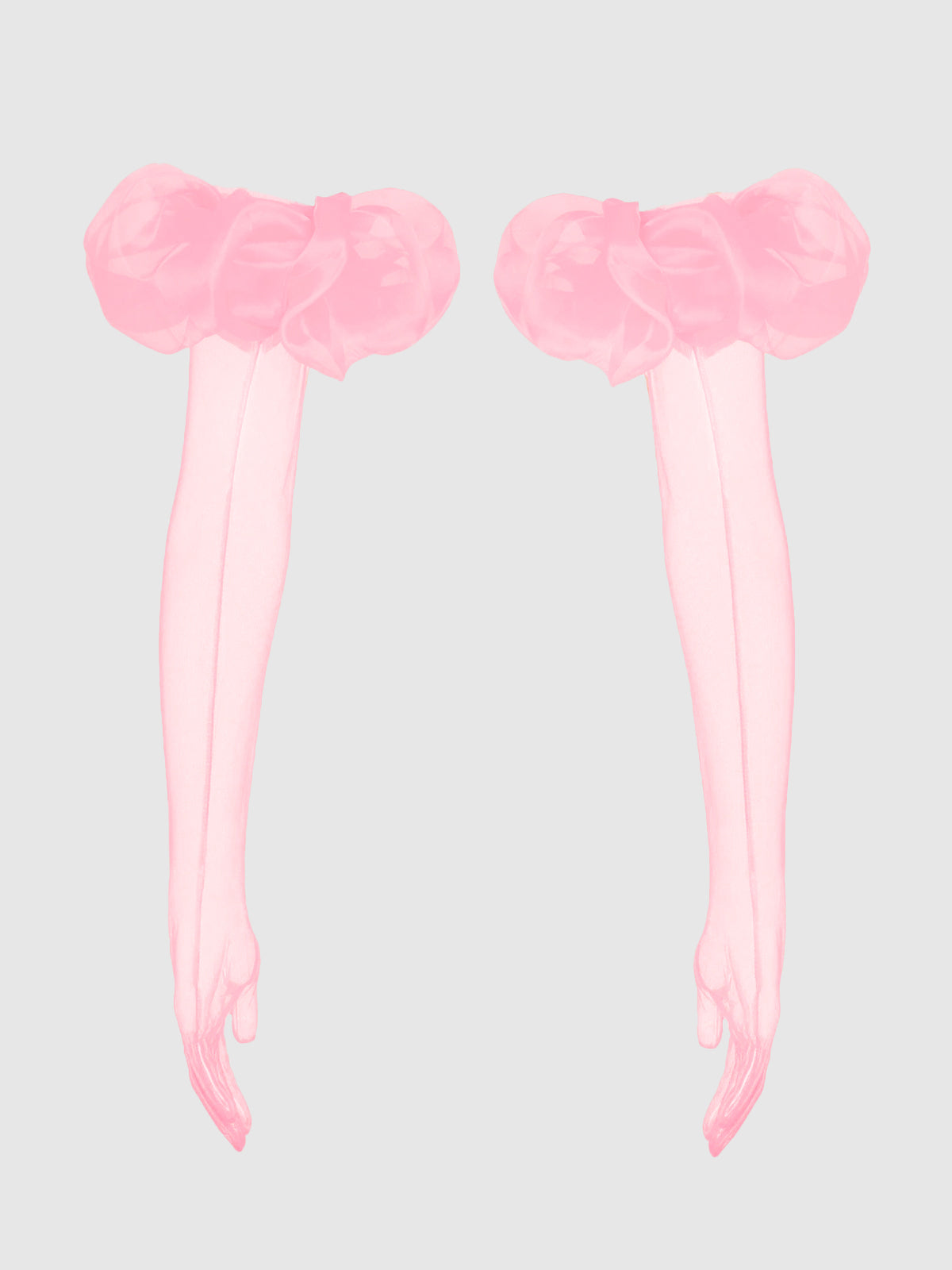 Two sheer pink Chiffon Long Gloves With Puff by Frederick's of Hollywood, featuring ruffled tops, are displayed side by side on a light gray background—a delicate highlight for any lingerie accessories collection.