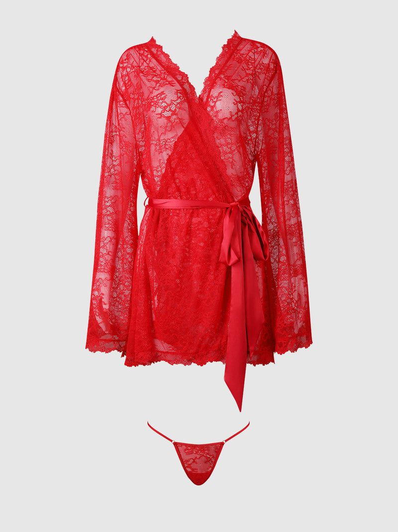Frederick’s of Hollywood x Marilyn Monroe Lace Short Robe & G-String Set featuring a red lace short robe with long sleeves, a satin waist tie, and a matching lace g-string.