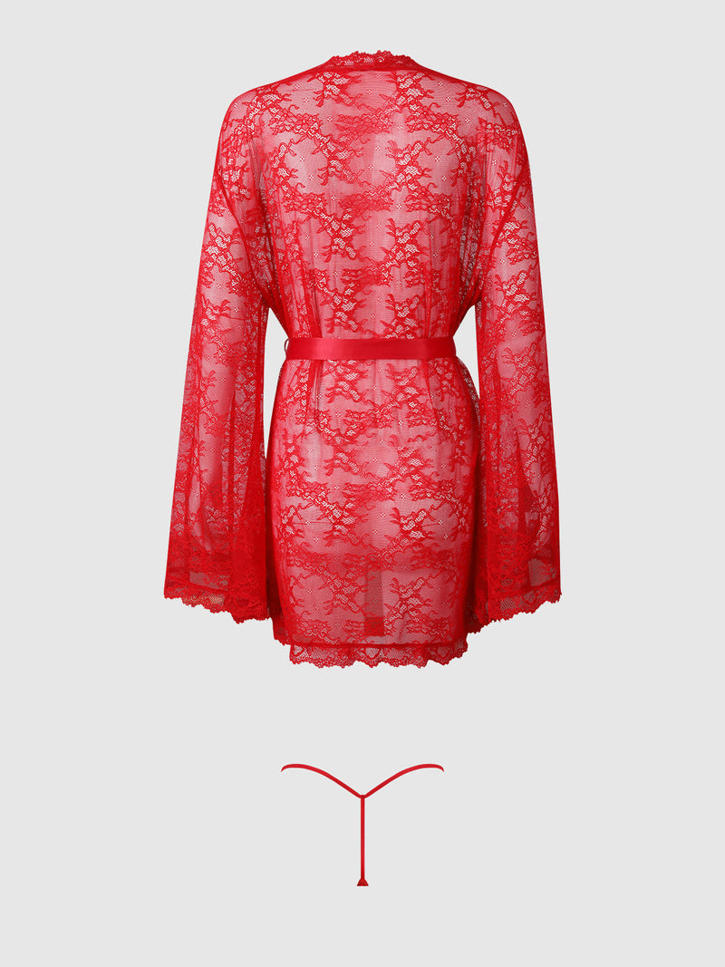 Marilyn Monroe Lace Short Robe & G-String Set featuring a red lace short robe with long, wide sleeves, a satin waist tie, and a matching G-string.