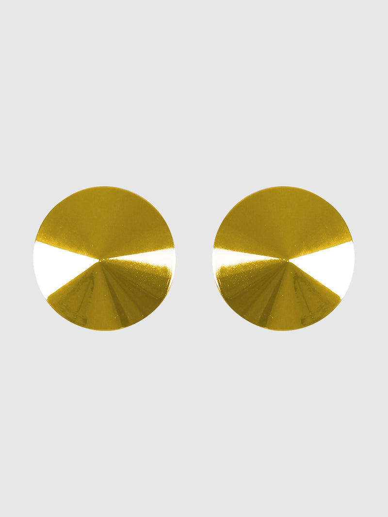 The High Shine Metal Cone Pasties by Frederick's of Hollywood feature a round, gold-toned, faceted design that channels Madonna style, shown against a plain light gray background.