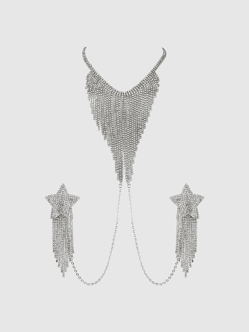 Introducing the Ziggy Rhinestone Neck Halter and Pasties by Frederick’s of Hollywood—a stunning silver-tone jewelry set featuring a wing-shaped fringe halter connected with delicate chains and matching star-shaped pasties adorned with cascading chain fringes.