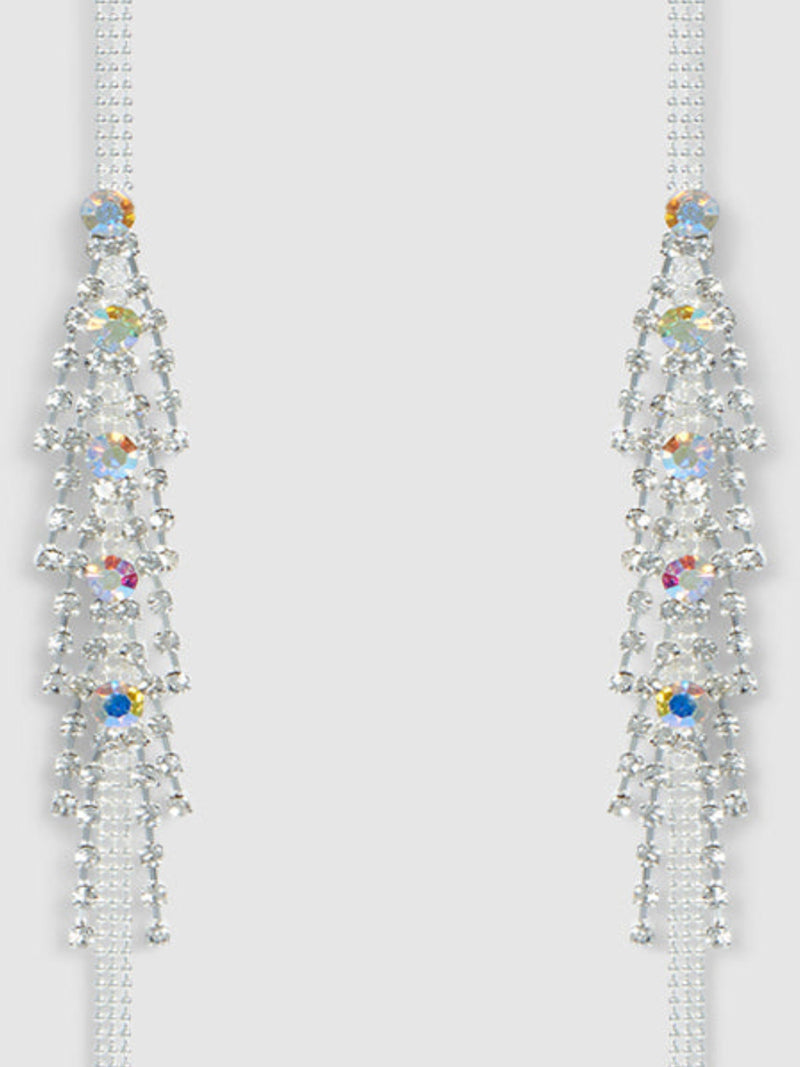The Ziggy Rhinestone Fringe Bra Straps by Frederick's of Hollywood feature clear and iridescent crystals in cascading triangular patterns, evoking Hollywood glam reminiscent of sparkling earrings.