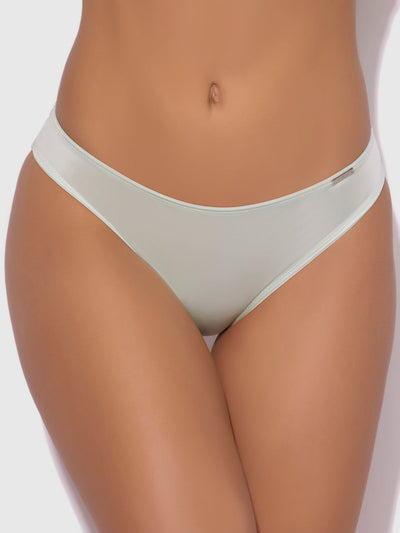 A woman models the Frederick's of Hollywood Lexi Liquid Satin Hipster in light green, highlighting the fit from mid-torso to upper thighs against a plain background.