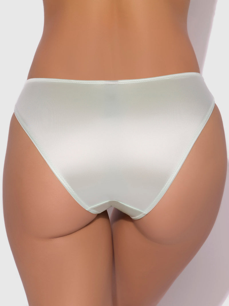 A person shown from the back, wearing pale green Lexi Liquid Satin Hipster by Frederick's of Hollywood, against a plain light background.