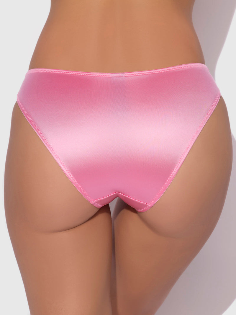 A person is shown from the back wearing the Lexi Liquid Satin Hipster by Frederick's of Hollywood, featuring shiny pink high-waisted bikini bottoms, against a plain light background.